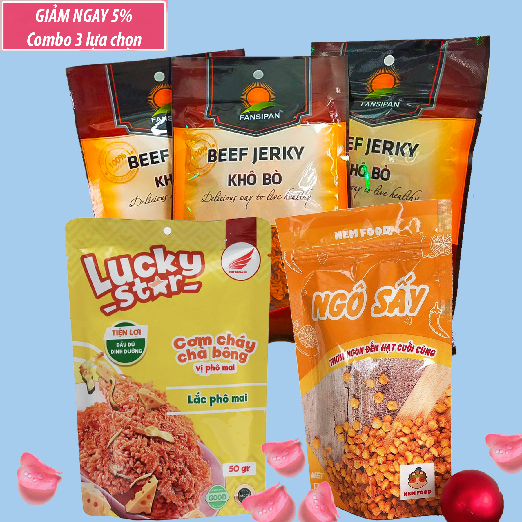 [3 lựa chọn] Sợi Khô bò thượng hạng loại 1,Cơm cháy chà bông vị Phô Mai thượng hạng loại 1, Ngô sấy Giòn - Ngon - Đậm Vị có giấy an toàn thực phẩm 100% chất lượng đảm bảo dinh dưỡng 50gram