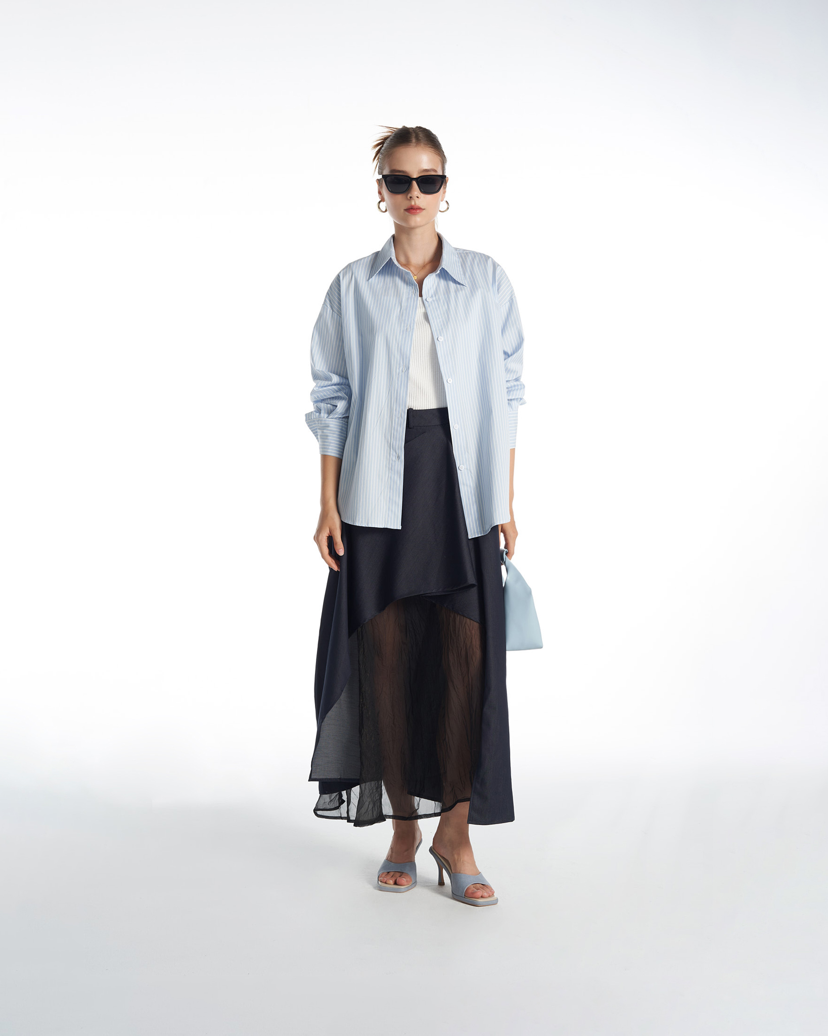 Chân váy jean phối vải sheer khâu by cq maine denim