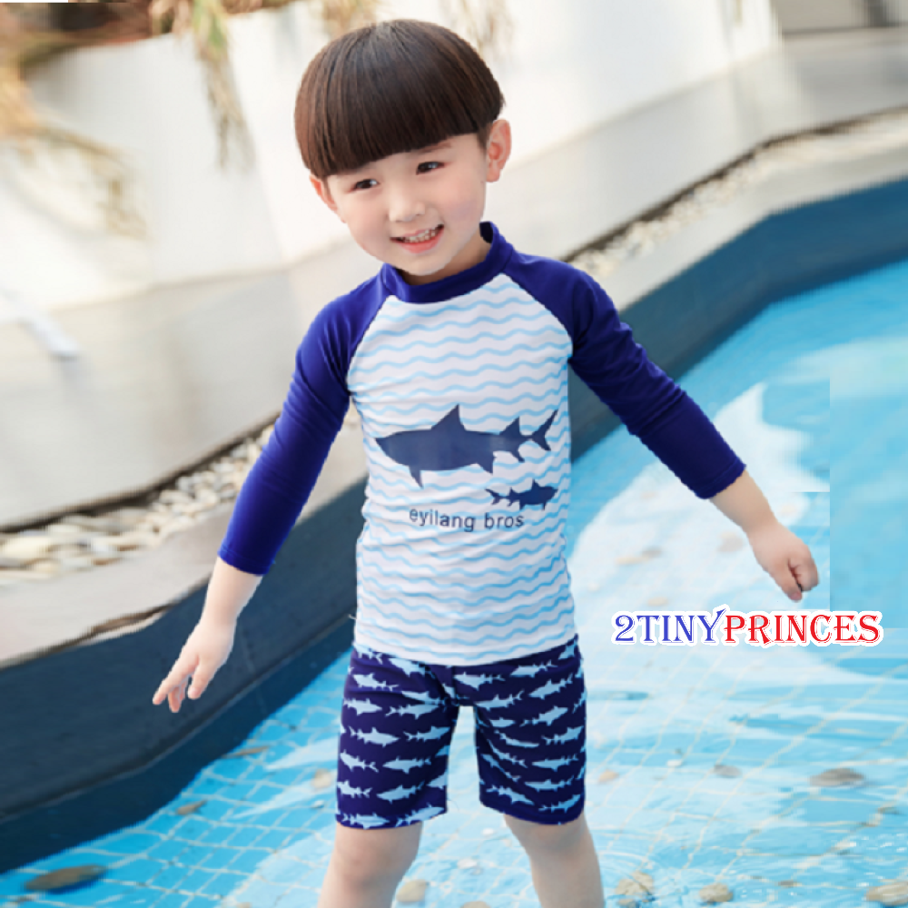 Bộ đồ bơi dài tay họa tiết cá mập kèm nón bơi - Đồ bơi bé trai DBBT20