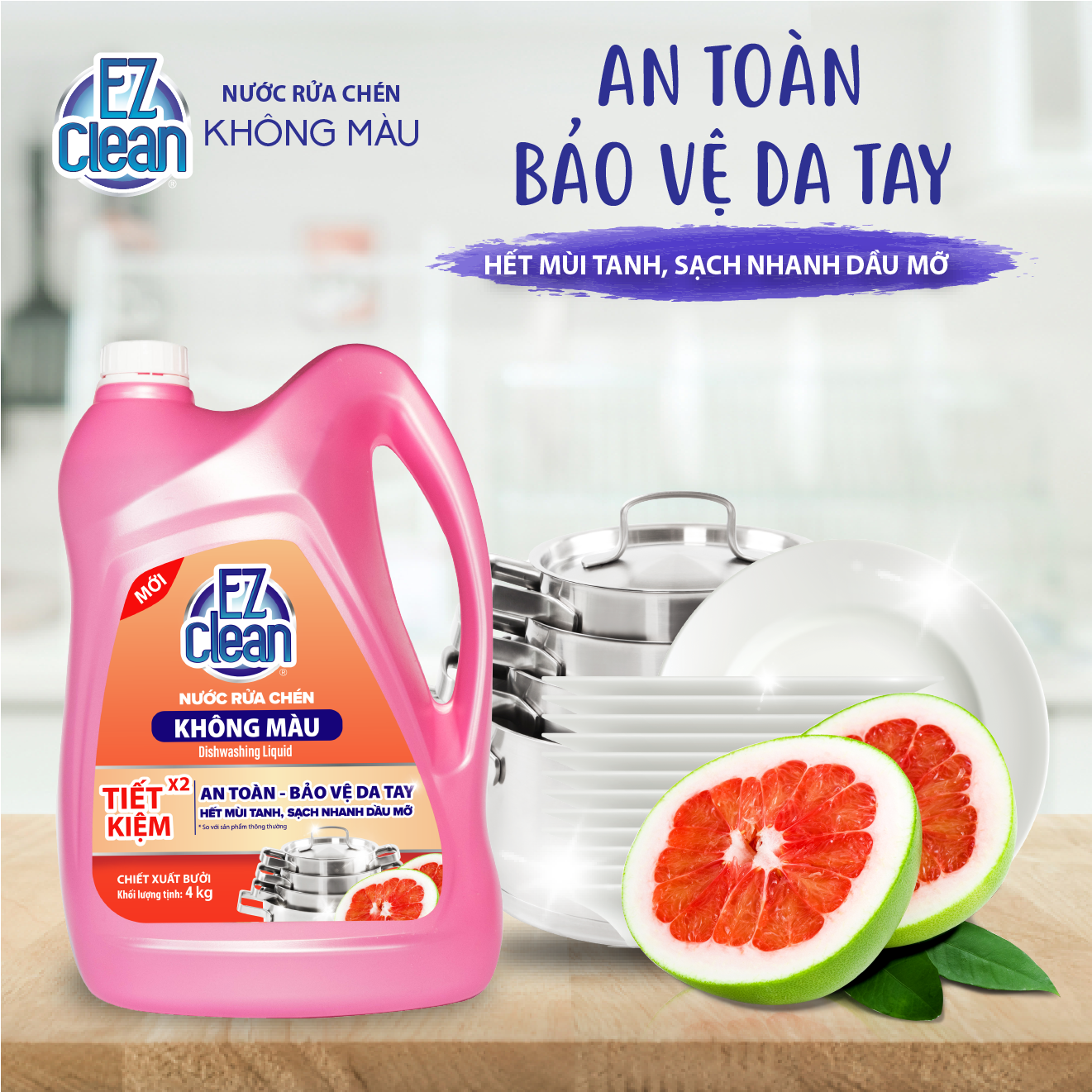 Nước Rửa Chén Không Màu Hương Bưởi EZClean Can 4kg