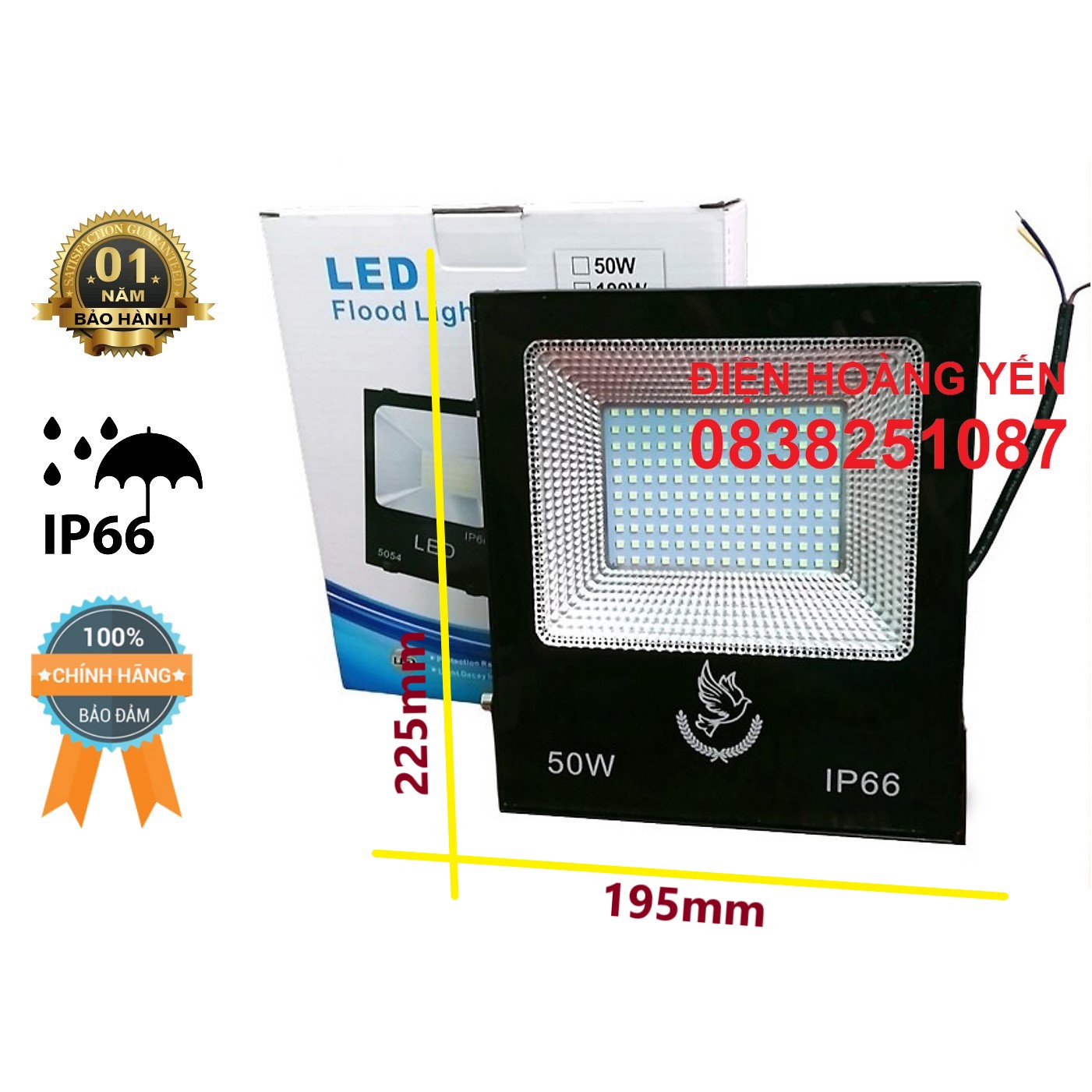 Đèn Led Pha 50W IP66 Ngoài Trời Chống Mưa Tuổi Thọ Cao 220V Tiết kiệm điện (Ánh sáng trắng)