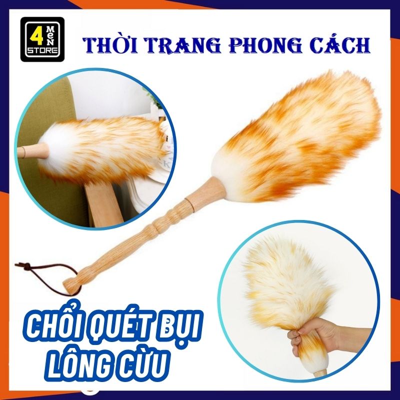 Chổi Quét Bụi Lông Cừu Mềm Mịn Cán Gỗ Cao Cấp - Chổi Phất Trần/ Chổi Lông Gà Quét Bụi Lau Bàn Thờ , 