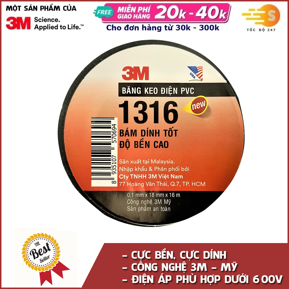 Băng keo điện PVC cực bền siêu dính 18mm x 16m 3M 1316