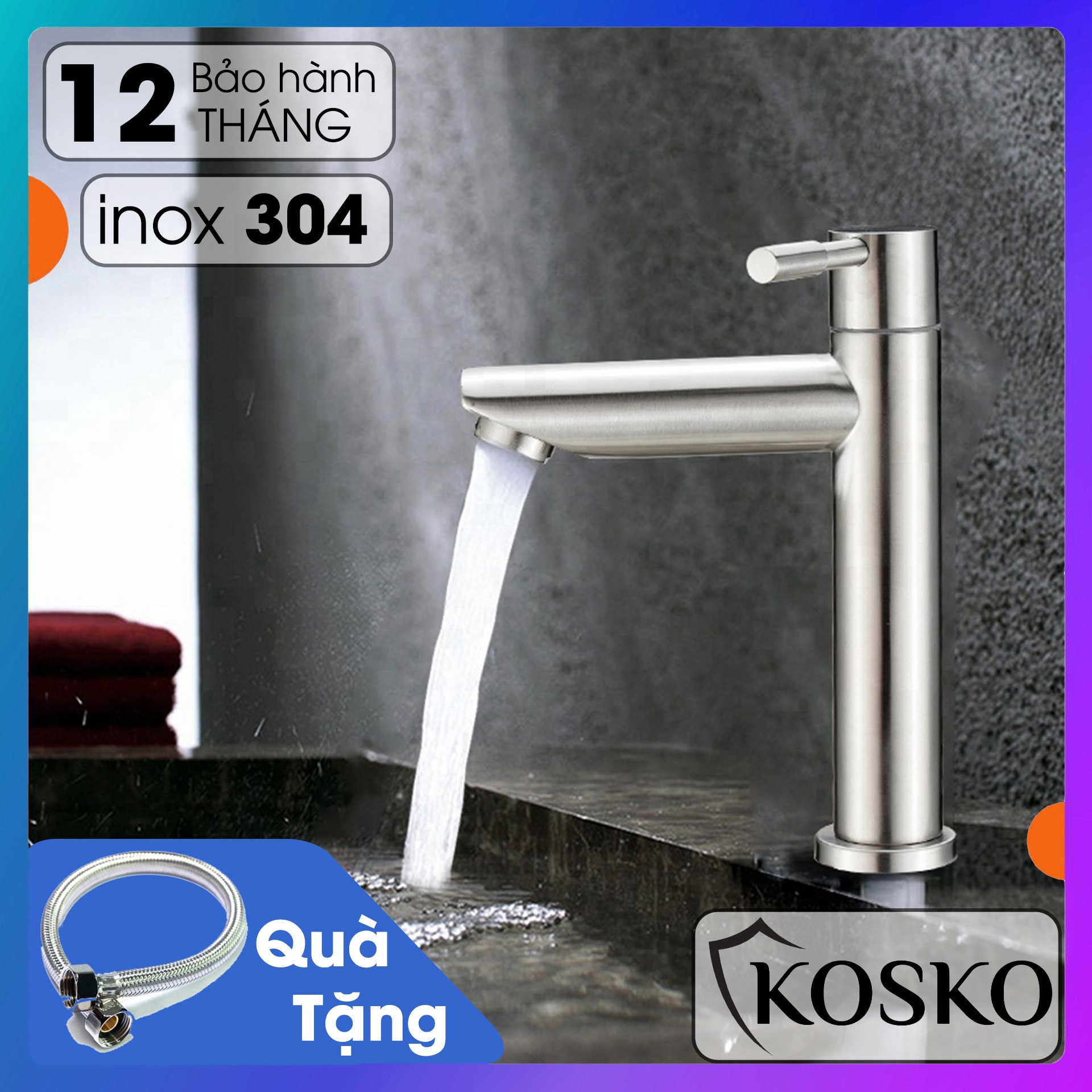 Vòi lavabo lạnh inox KOSKO tròn 1 đường nước (Tặng dây cấp), Bảo hành 12 tháng - 1 đổi 1 trong 15 ngày. Dễ dàng lắp đặt - thay thế phù hợp với nhiều loại chậu lavabo
