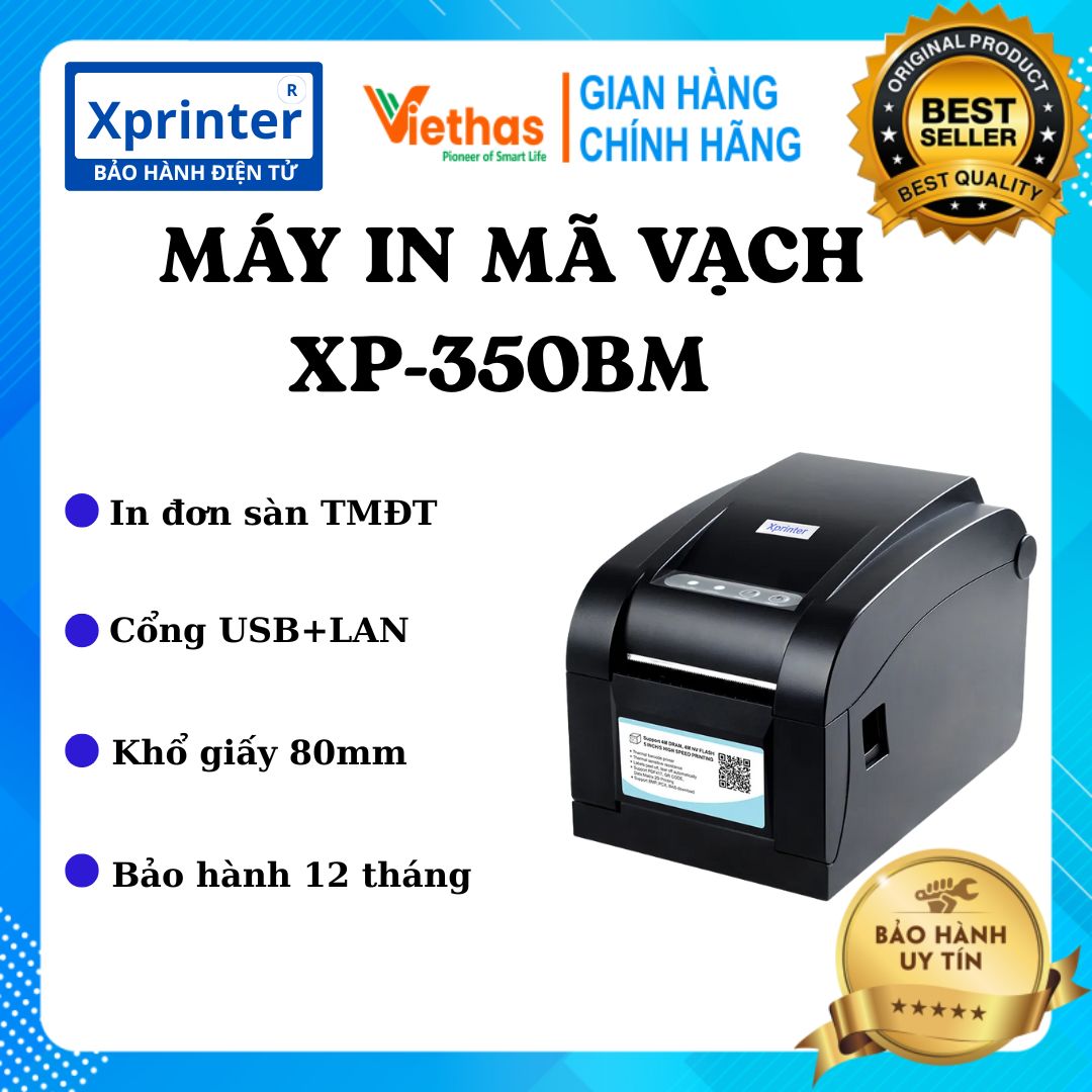 Máy in mã vạch Xprinter 350BM Cổng USB + LAN in đơn hàng TMĐT, in đơn GHTK, in tem nhãn mã vạch từ Điện Thoại và Máy Tính