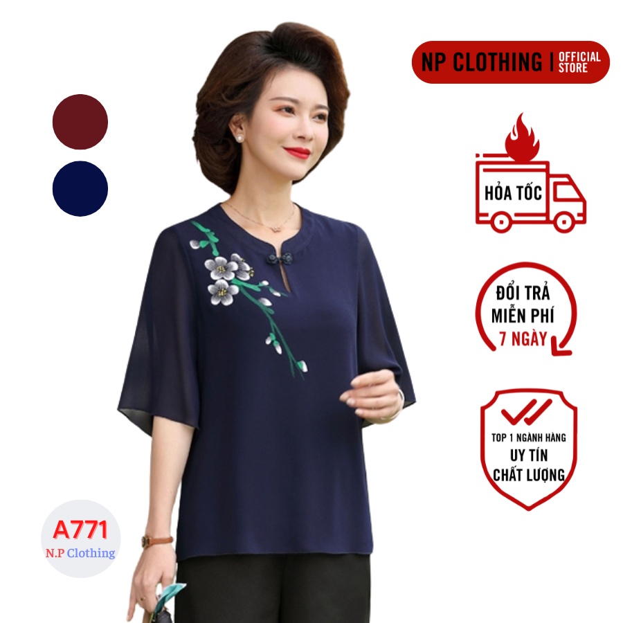 Áo trung niên nữ a772, kiểu áo trung niên cổ tàu thêu hoa ngắn tay đẹp trang nhã | thời trang trung niên nữ