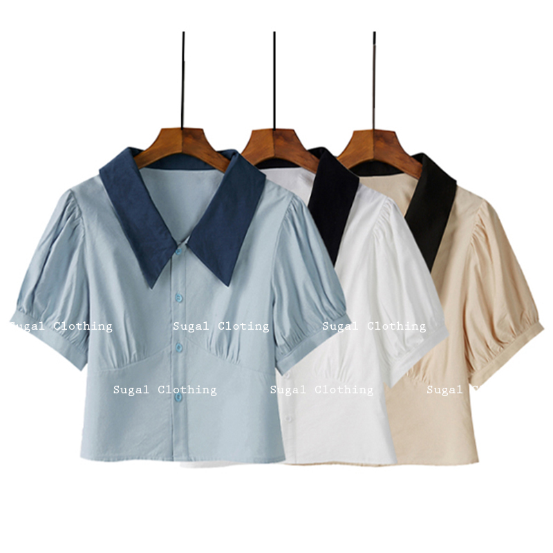 Áo cộc tay sơ mi nữ dáng croptop cổ polo tay ngắn bồng thời trang sugal so mi nu 014v2