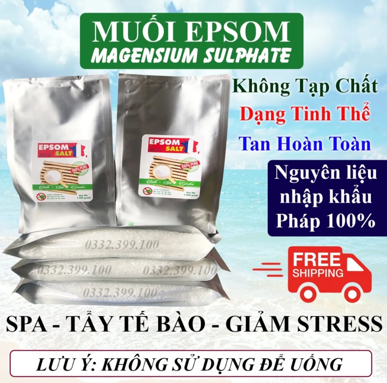 1 kg epsom salt - muối epsom pháp dùng spa - tẩy tế bào - tắm thư giãn