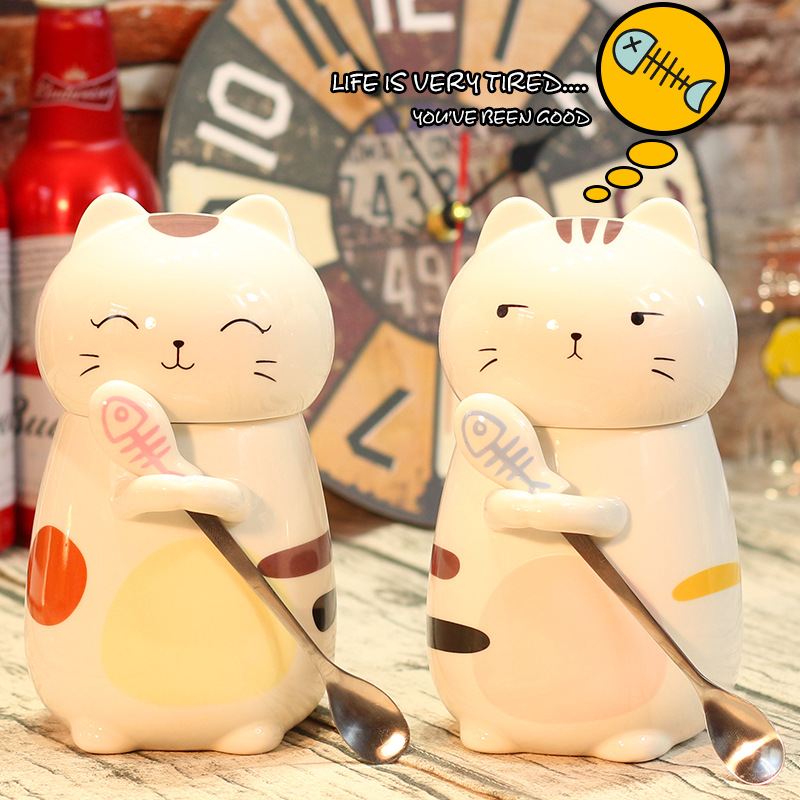 Ly sứ hình mèo con ôm cá dễ thương sáng tạo dung tích lớn