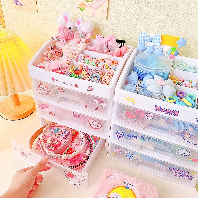 Tủ nhựa đựng đồ mini dùng học tập mỹ phẩm decor bàn học, kệ 3 tầng mini đựng đồ- tặng kèm sticker