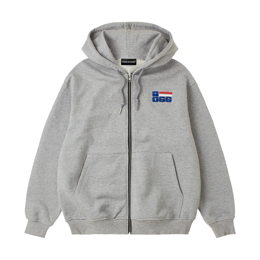 Áo khoác hoodie zip xám ross studio nỉ chân cua logo thêu 3d form basic khoá kéo ykk - full zip hoodie - ross studio
