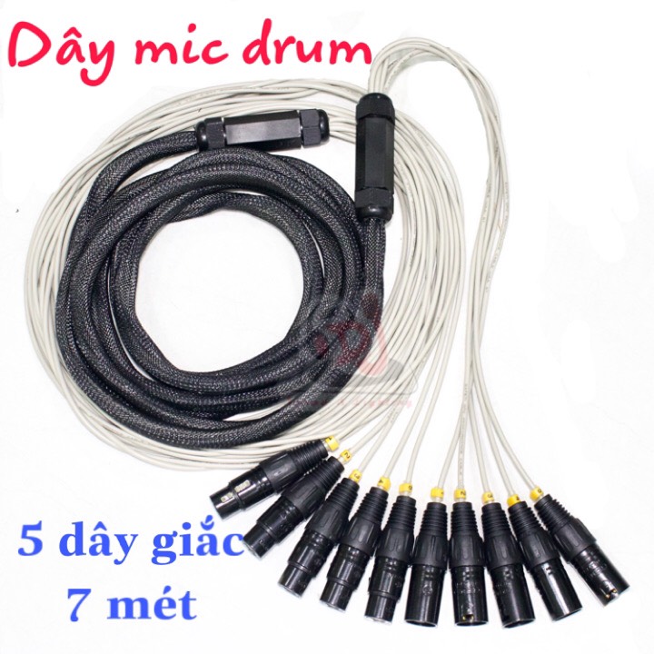 Dây tín hiêu Micro trống dây micro 5 đầu rắc canon đực cái dài 7m rắc trống Mic drum trống jazz
