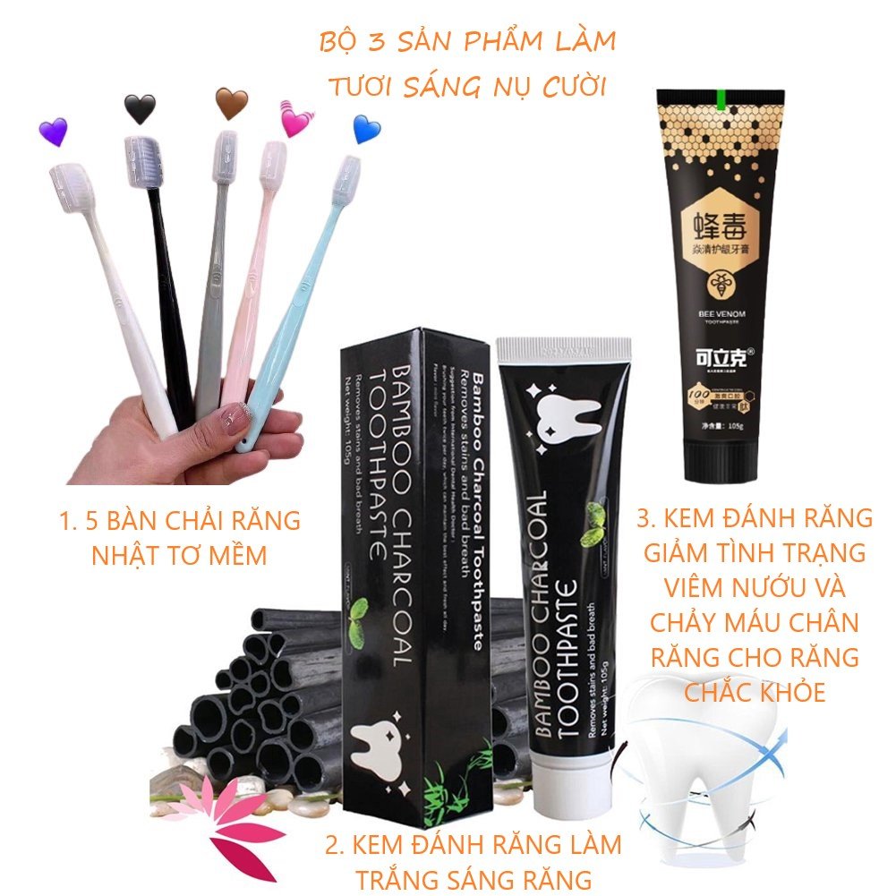 Set chăm sóc răng miệng 3 món gồm 01 kem đánh răng trắng sáng, 05 bàn chải răng nhật tơ mềm, 01 kem đánh răng bảo vệ chân răng giảm tình trạng chảy máu răng.