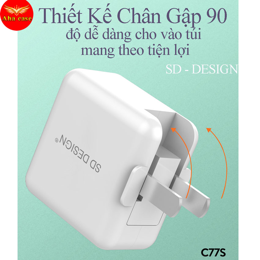 Củ sạc SD Design C77s, củ sạc nhanh chân gập tiện lợi, sạt điện thoại theo máy, cốc sạt chân gập, xạc dòng điện ổn định ,bảo vệ pin điện thoại