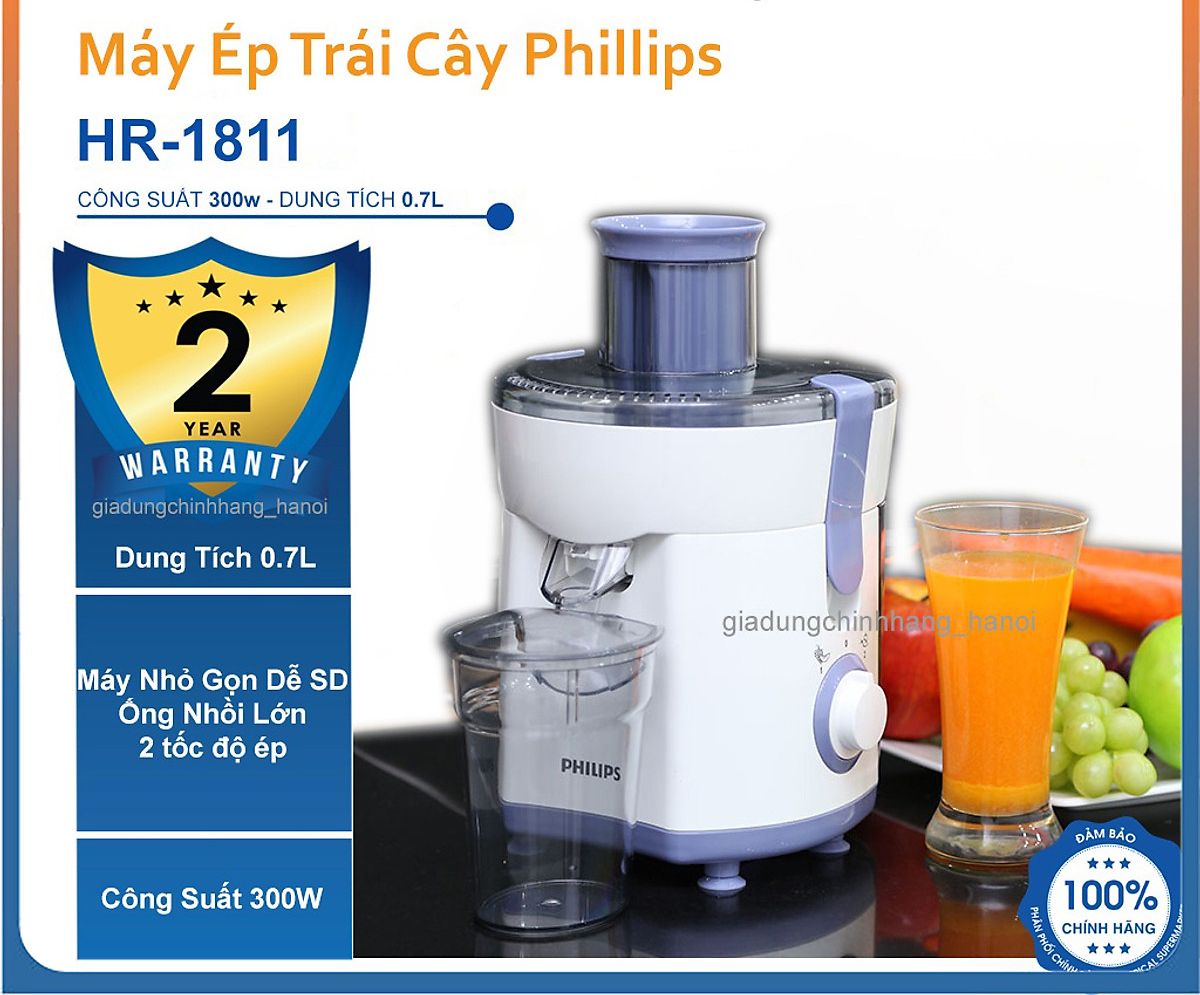 Máy ép trái cây Philips HR1811 chính hãng 100%Loại máy: Máy ép trái cây Chức năng chính: Ép trái cây, rau củ Công suất: 300W Ống tiếp nguyên liệu: 60 mm Chất liệu cối chính: Không có cối xay