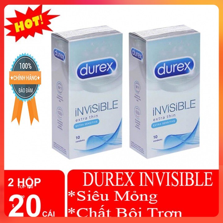 2 Hộp Bao cao su Durex Invisible siêu mỏng kéo dài thời gian - 20 cái