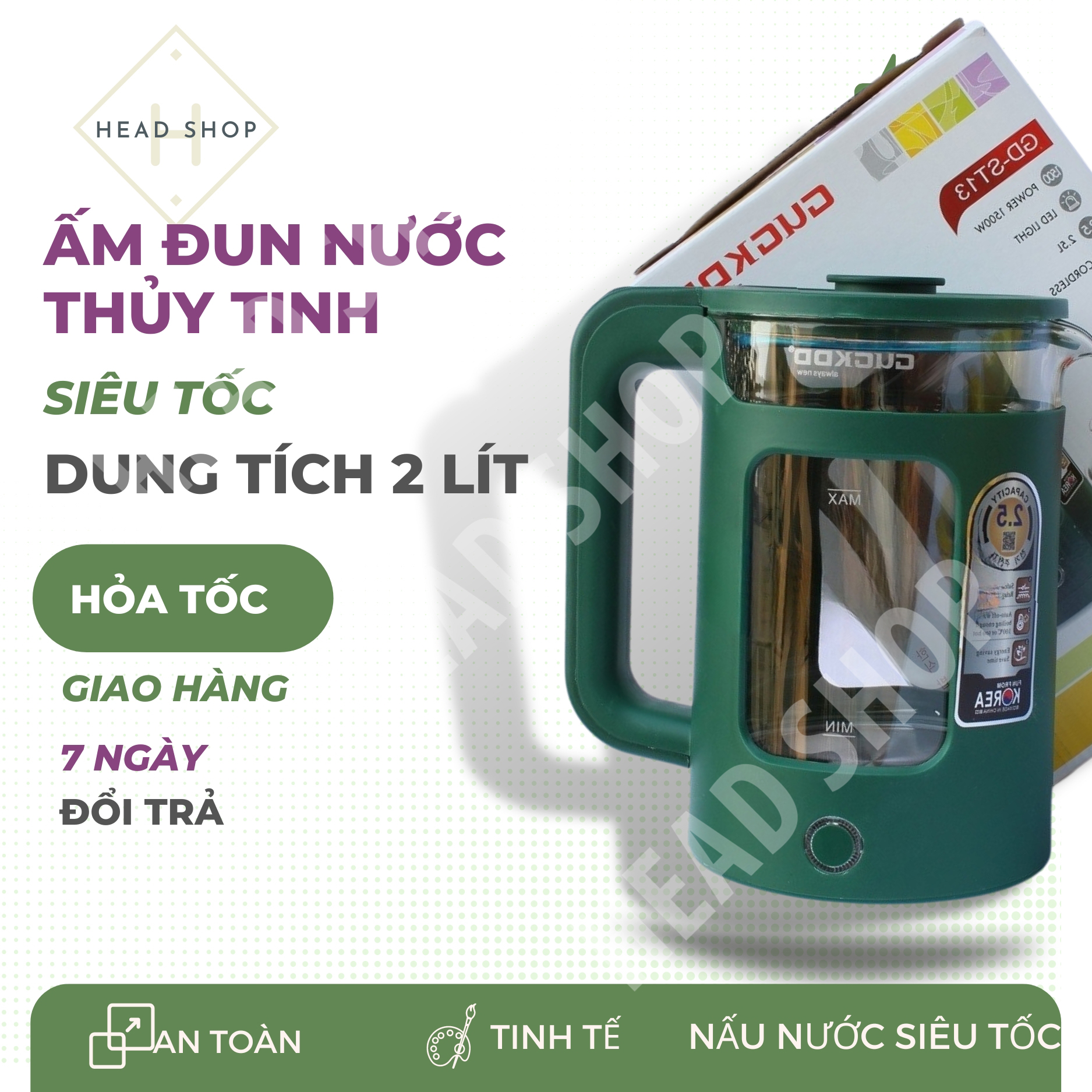 Ấm đun siêu tốc gd-st13 2.5 lít bình đun siêu tốc chất liệu thủy tinh bọc nhựa công suất 1500w headshop