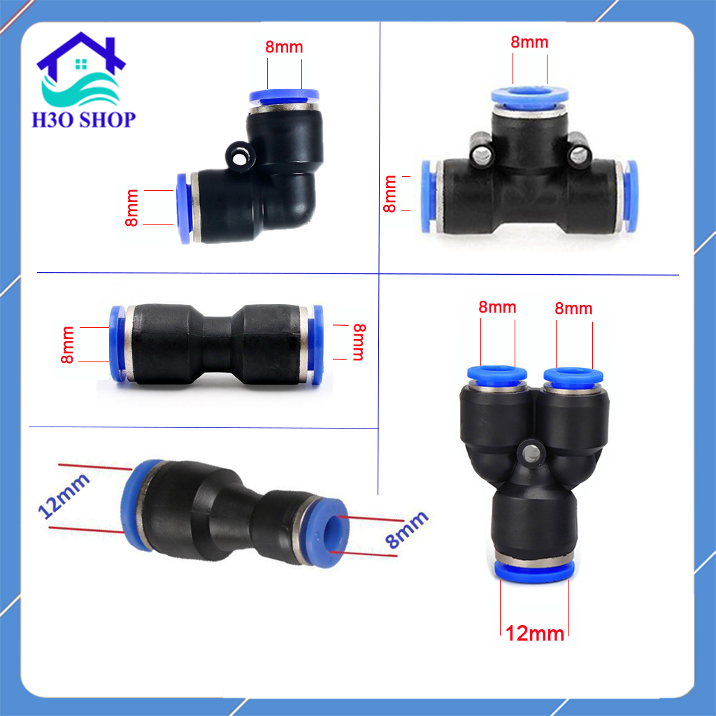 Phụ kiện nối nhanh ống 8mm - tê chia nhánh, co nối góc, nối thẳng, đầu chuyển ống hơi 12mm ra ống 8mm