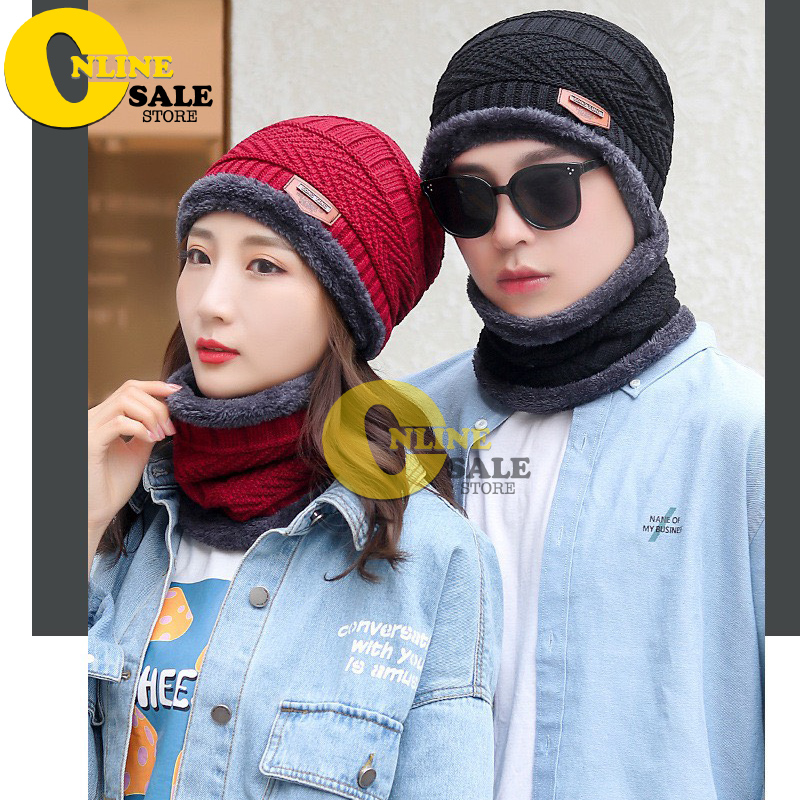 Combo 2 trong 1 Khăn ống kèm mũ len lót lông cực ấm Mũ Nón len kèm khăn cổ cho Nam Nữ Thời trang mùa đông người lớn