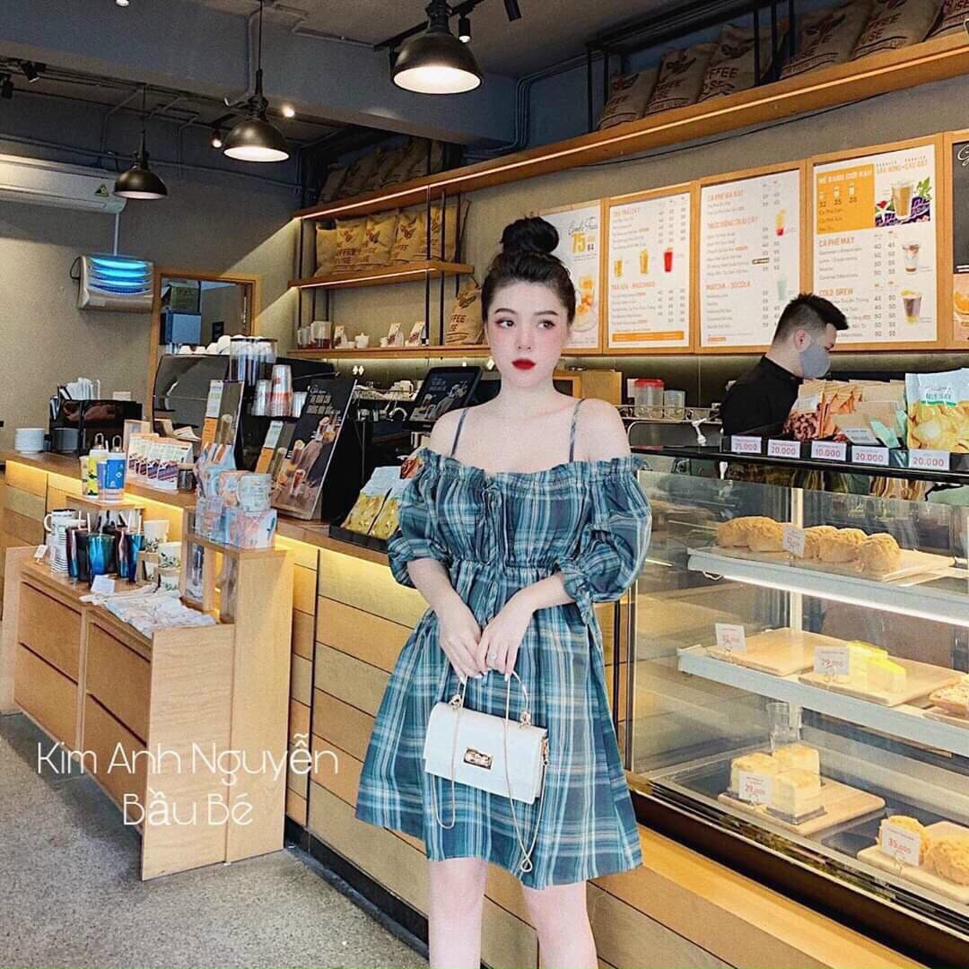 ĐẦM CARO TIỂU THƯ MÀU XANH NỮ TRỄ VAI, DÁNG VÁY XÒE DỄ THƯƠNG