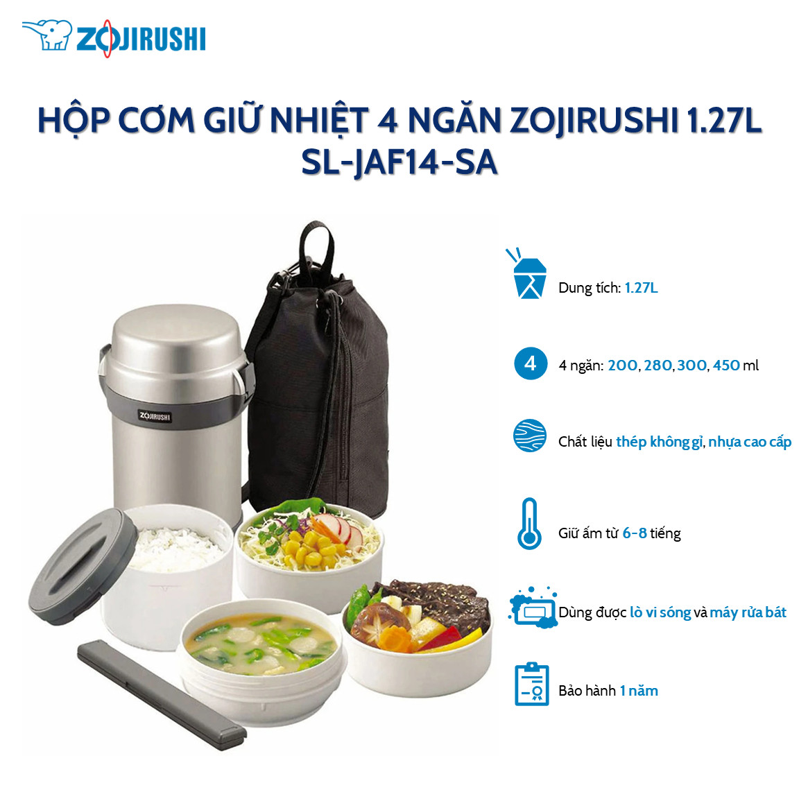 Hộp cơm giữ nhiệt 4 ngăn Zojirushi SL-JAF14-SA 1,27L, sản xuất tại Thái Lan, bảo hành giữ nhiệt 1 năm chính hãng