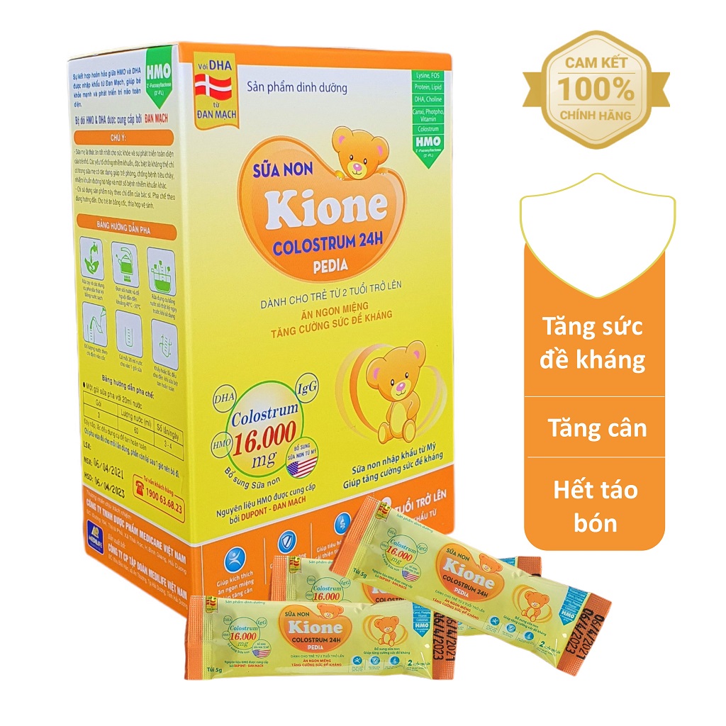 Sữa non cho trẻ trên 2 tuổi - Kione 16.000 mg Colostrum - Tăng sức đề kháng, tăng cân (hộp 24 gói x 15g)