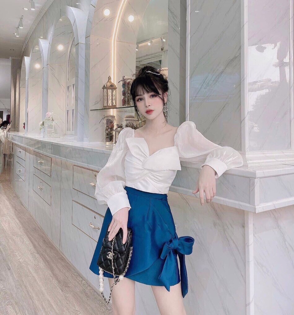 [HCM]SET ÁO CỔ NƠ TAY PHỒNG VÀ CHÂN VÁY NƠ SIÊU DỄ THƯƠNG-QC39