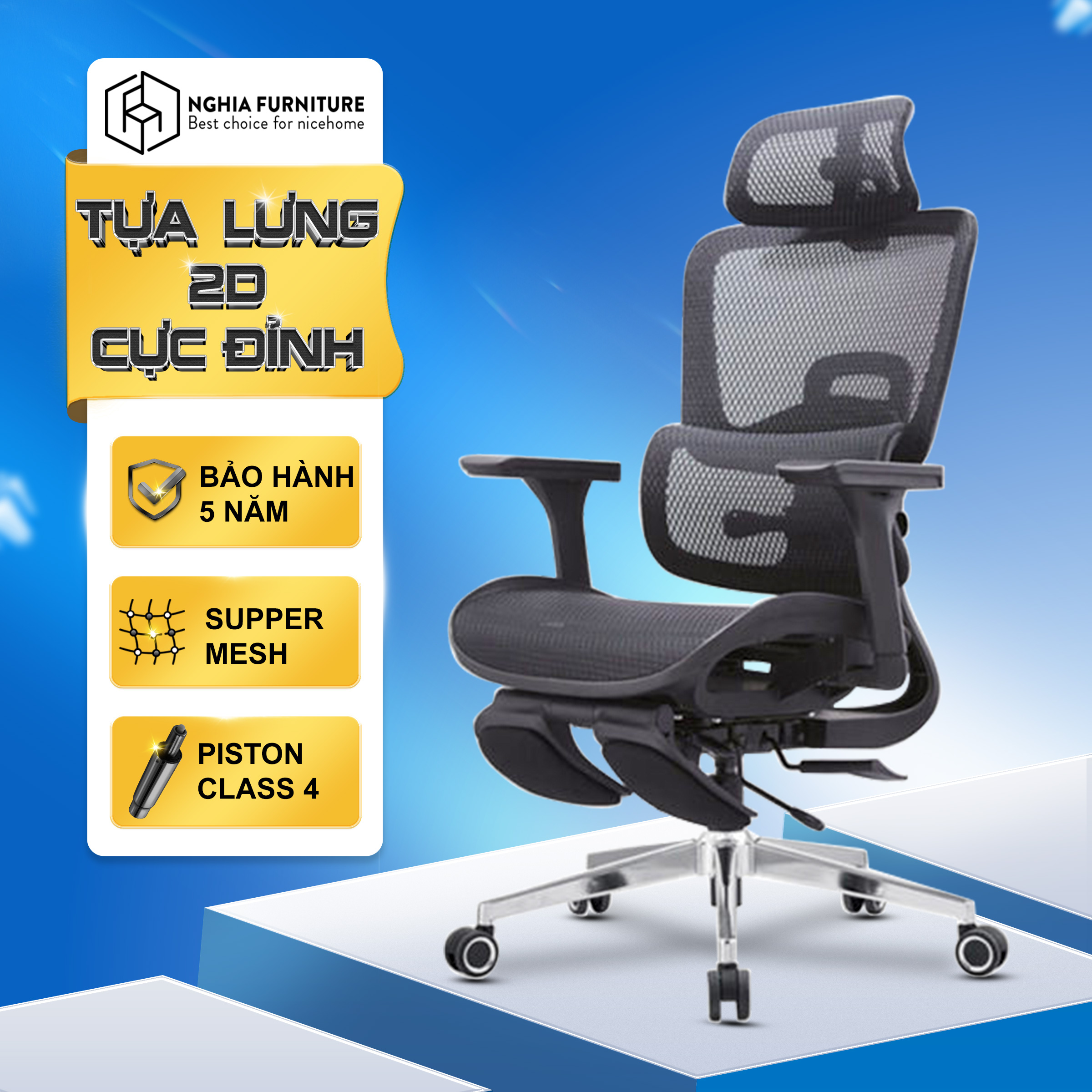 Ghế công thái học Nghia Furniture Mirai Pro Tựa lưng tùy chỉnh 2D piston class 4 ngả ghế 135 độ bảo hành 5 năm