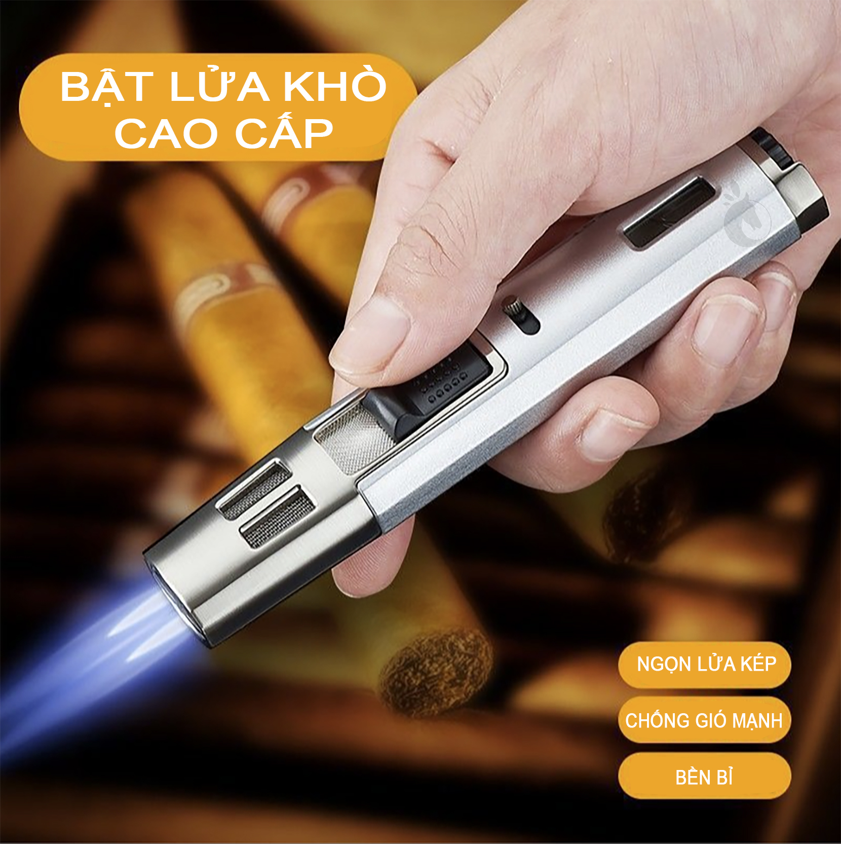 Bật Lửa Khò Cao Cấp , 2 Tia Lửa Kép Chống Gió , Full Kim Loại Bền Bỉ, Có Thể Nạp Lại GAS
