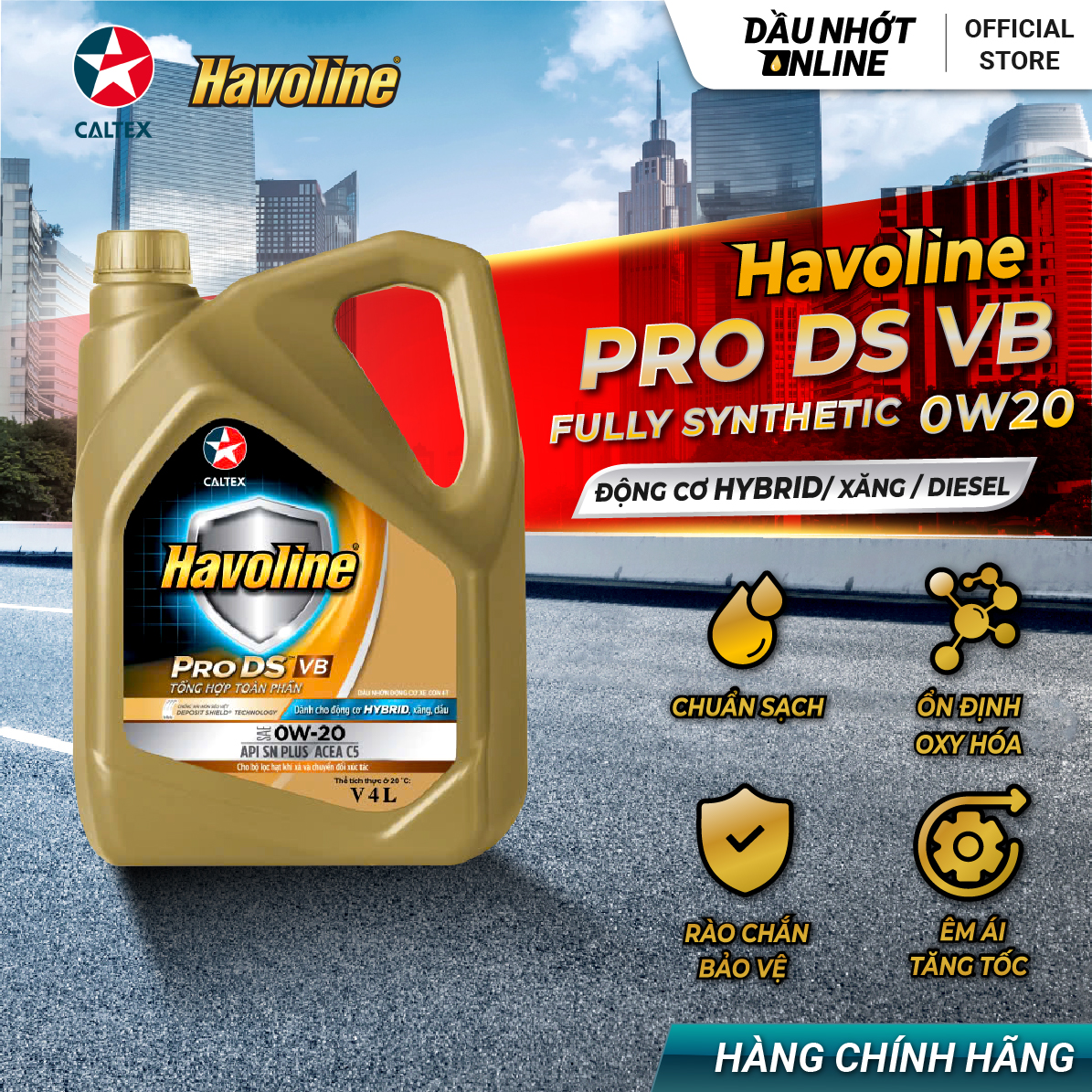  Dầu nhớt động cơ Tổng hợp toàn phần - Caltex Havoline ProDS VB 0W20  Can 4L  