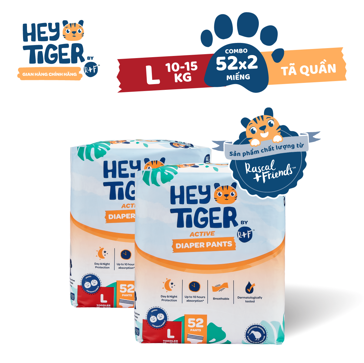 Combo 2 tã/bỉm quần hey tiger jumbo size l 10-15kg 52 miếng x2 bịch