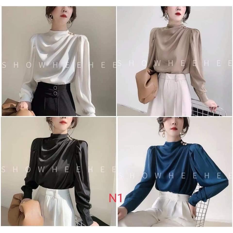 Áo Sơ Mi Nữ Gloria Shop chất lụa satin, áo đính cúc vai tay dài kiểu thời trang sếp ly vai sang trọng