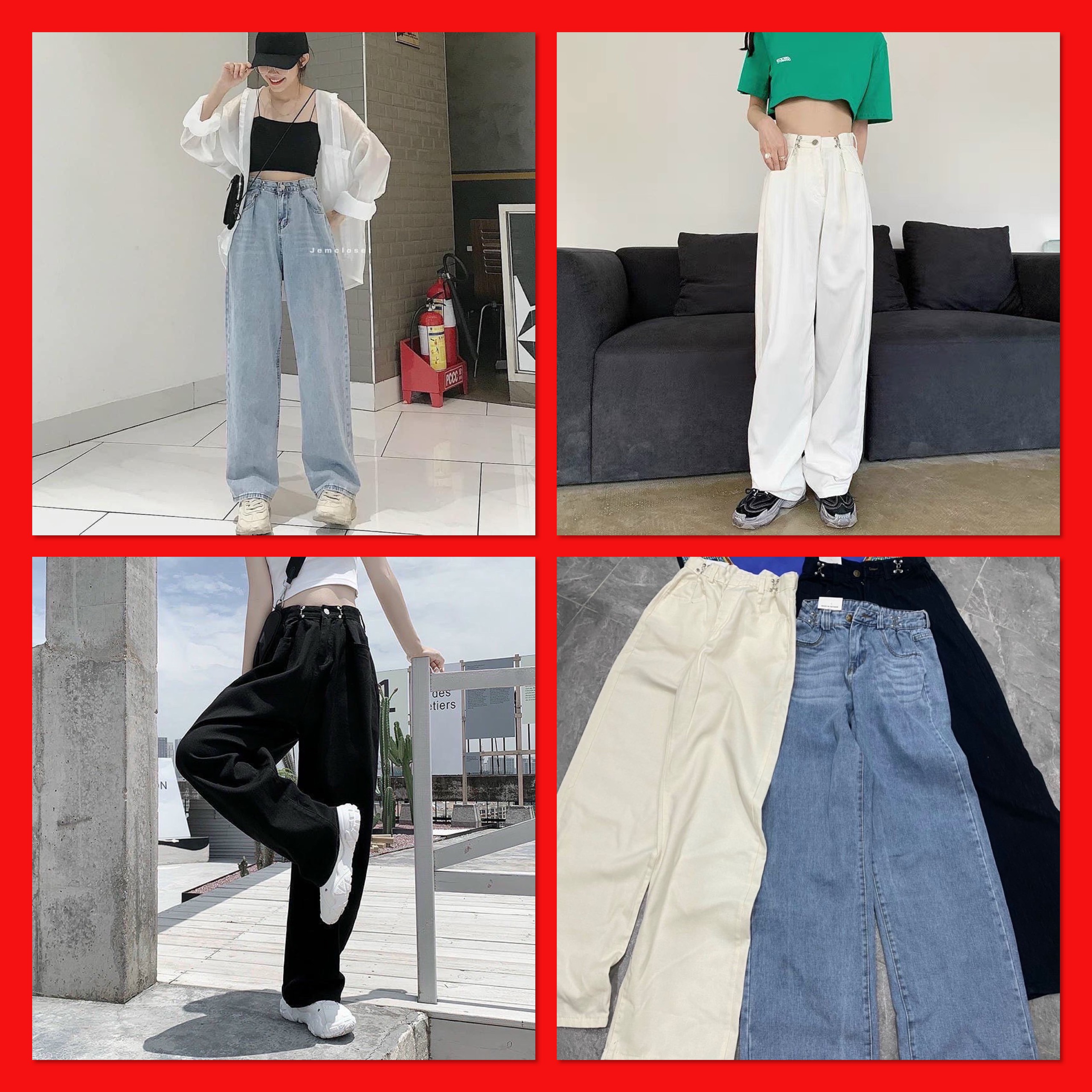 Quần Jeans Suông Cài Khuy Quần Jeans Nữ Hotrend 3 Màu Đen Trắng Xanh