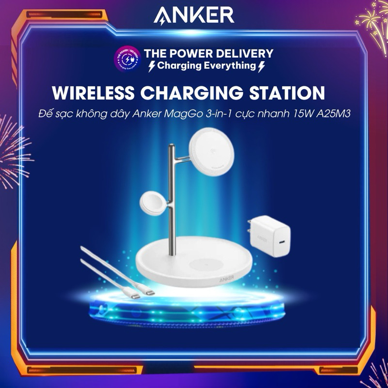 Đế sạc không dây Anker MagGo 3-in-1 Wireless Charging Station Qi2 Certified 15W Stand Kit - A25M3