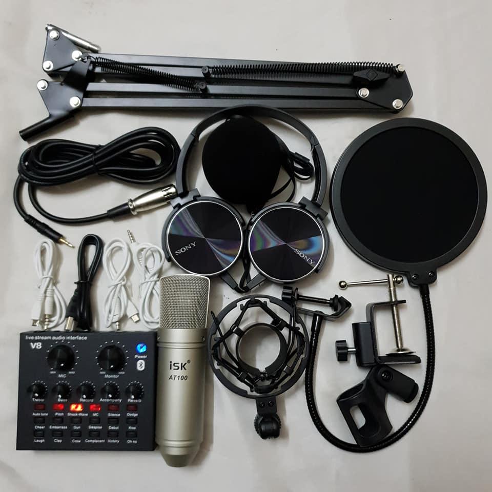 combo bộ míc livestream thu âm hát karaoke online micro isk AT100 card V8 chân kẹp màng lọc âm tặng tai nghe 450
