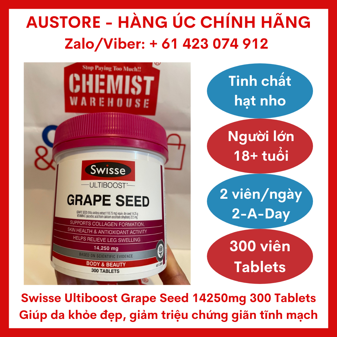[Bill Úc, date mới] Swisse Ultiboost Grape Seed Body & Beauty 14250mg 300 Tablets - Tinh Chất Hạt Nho Swisse Grape Seed giúp làm đẹp da & giảm các triệu chứng giãn tĩnh mạch nhẹ