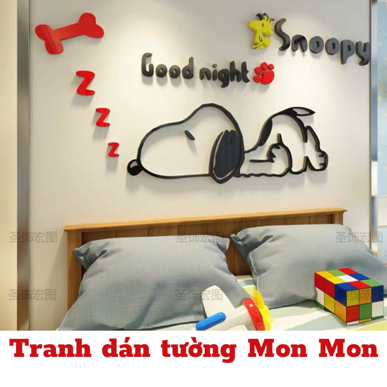 Tranh dán tường Mon Mon -  Decal mica hình chú cún con, snoopy cực kì dễ thương, trang trí phòng ngủ