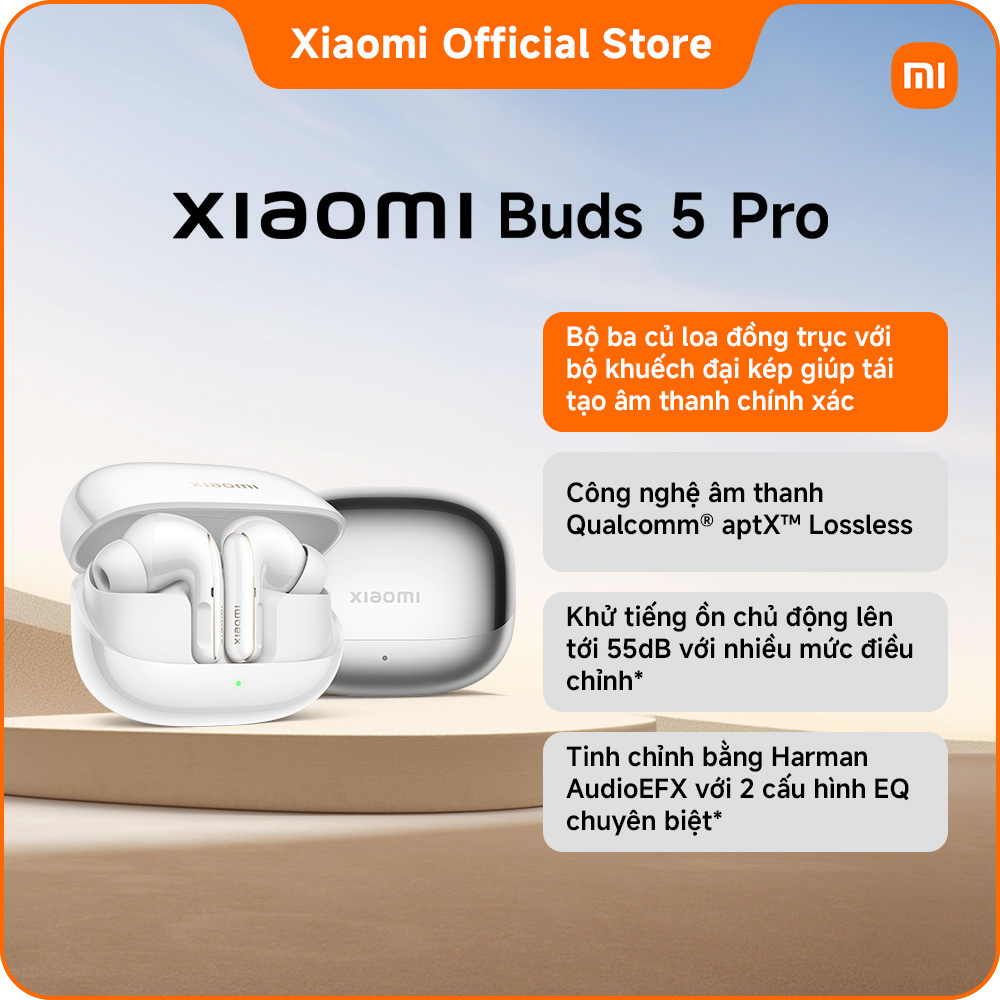 Tai nghe Xiaomi Buds 5 Pro WIFI  Bluetooth | Bộ ba củ loa đồng trục với bộ khuếch đại kép giúp tái tạo âm thanh chính xác | Công nghệ âm thanh Qualcomm® aptX™ Lossless |