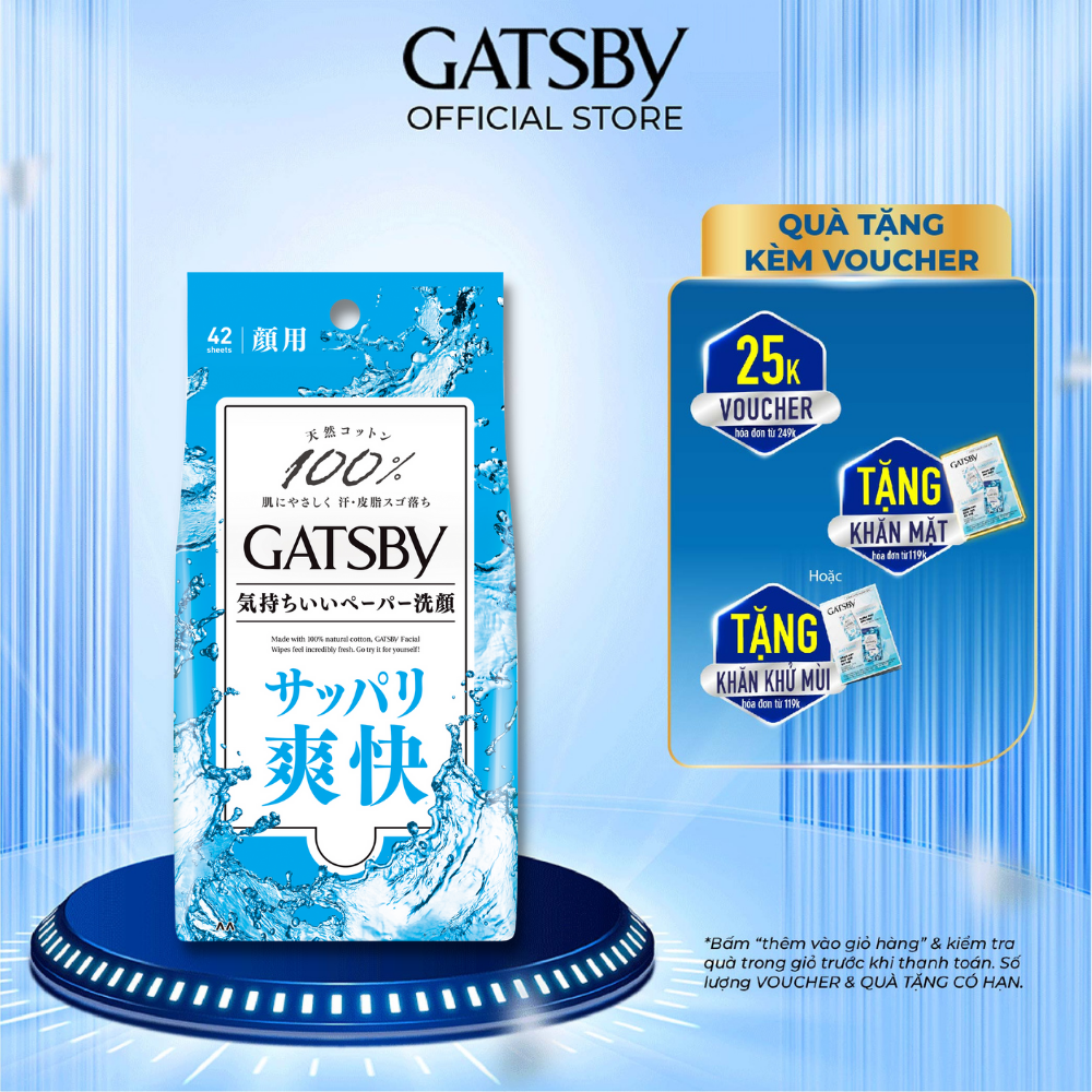 Khăn Lau Mặt GATSBY FACIAL WIPES U sạch mồ hôi chất nhờn và bụi bẩn 42 tờ