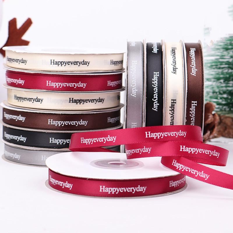 Ruy băng vải lụa cao cấp in chữ happy everyday 1cm trang trí gói hoa, gói quà siêu xinh, handmade, làm nơ