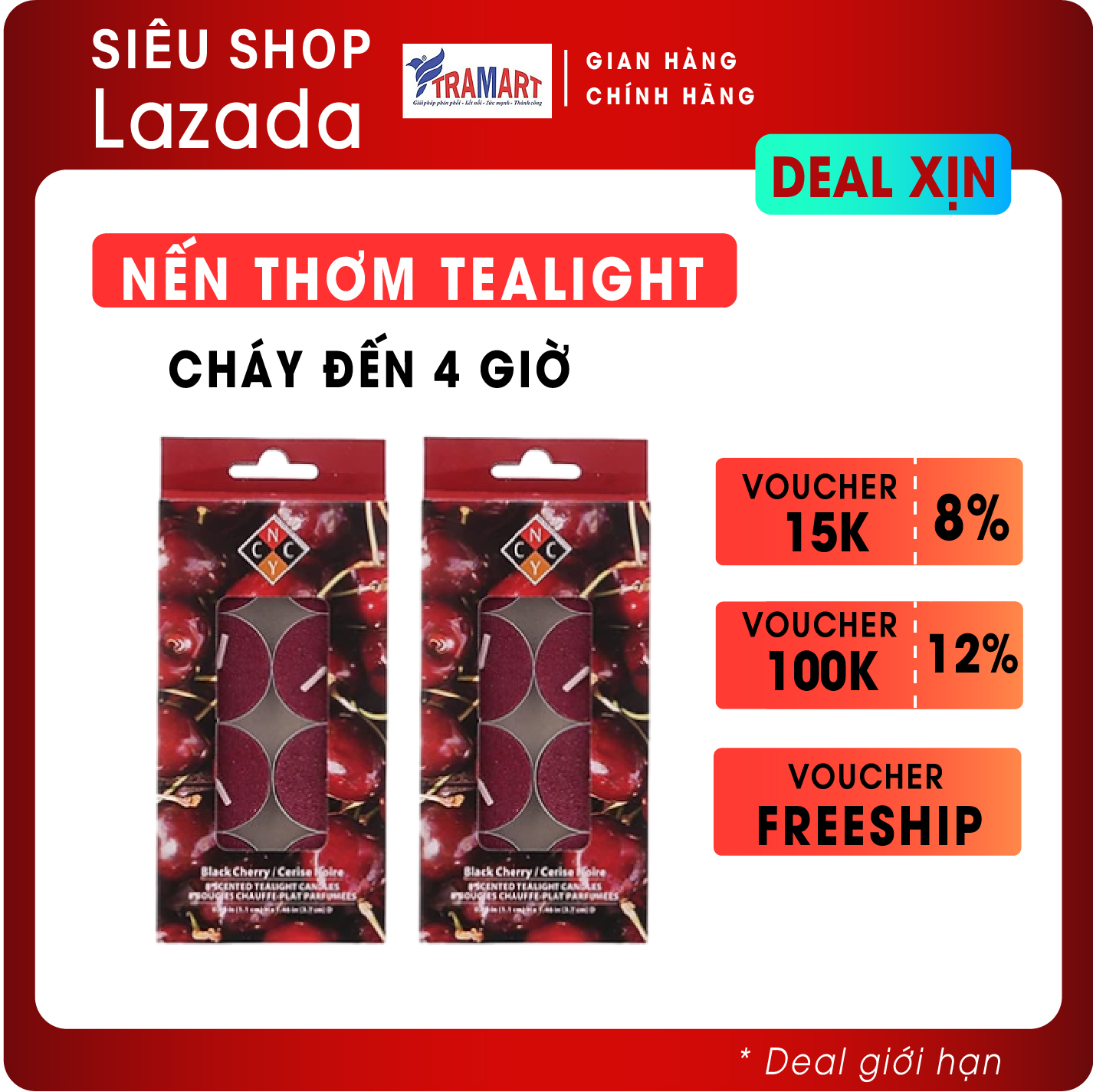 Bộ 2 hộp 16 nến tealight thơm hương black cherry FtraMart EDC-BC8T