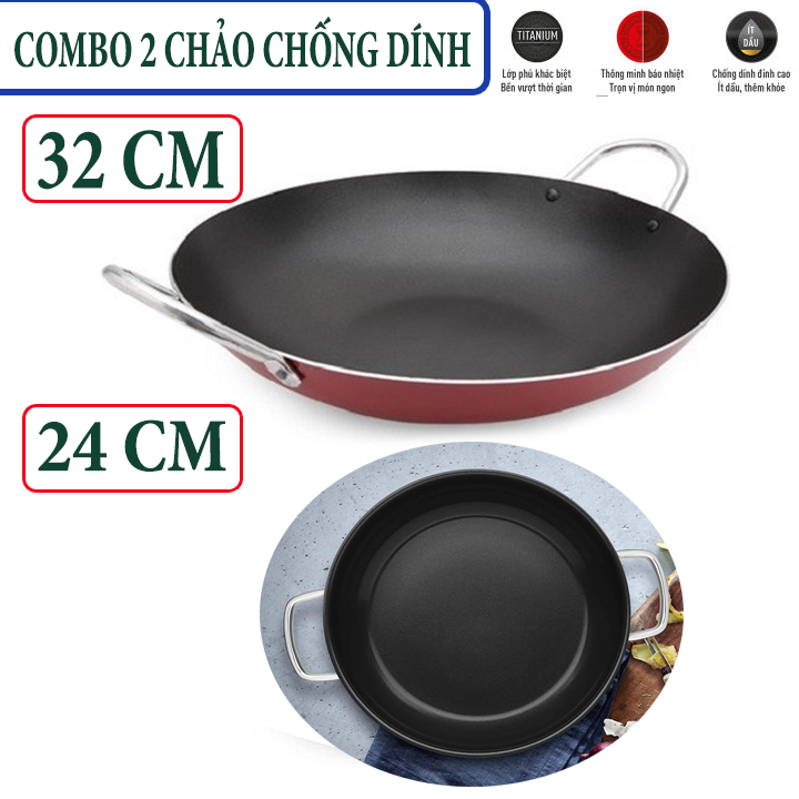[HCM][COMBO 2 CHẢO] Chảo chống dính 2 quai sâu lòng size 32 cm và 24 cm đáy bằng chống trượt - Chảo chống dính 2 quai cao cấp