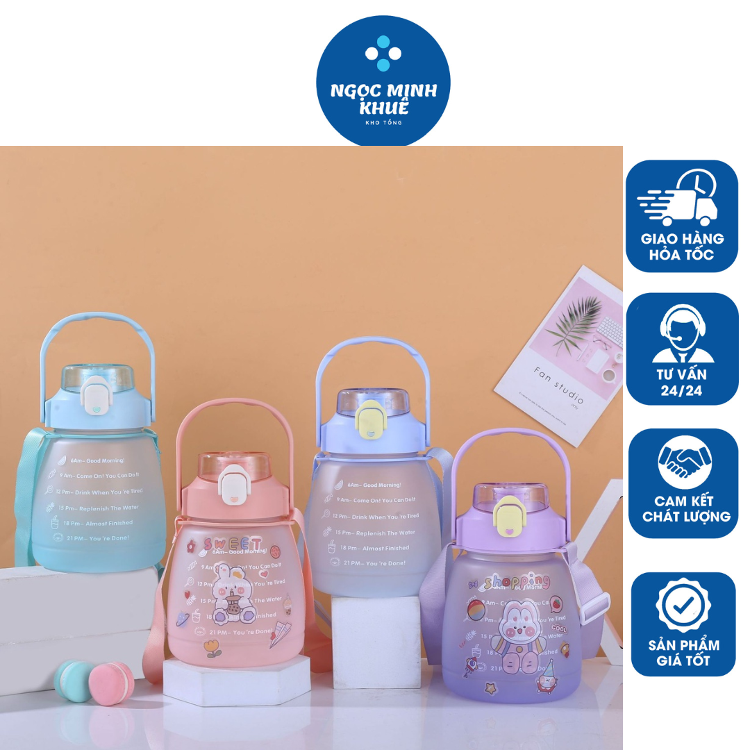 Bình đựng nước uống 1.3l màu có quai và ống hút bằng nhựa kèm dây