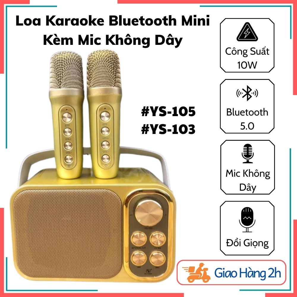 Loa Karaoke Bluetooth Mini YS-105 Kèm 2 Micro Không Dây - Bluetooth 5.0, Công suất 15W, Pin 6h, Mic Đổi Giọng, Đa Kết Nối