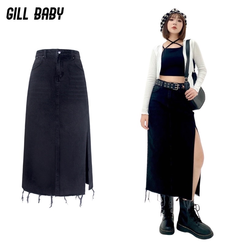 GILL BABY | Chân váy jean dáng dài xẻ tà lưng cao, chân váy bò màu đen hack dáng màu đen