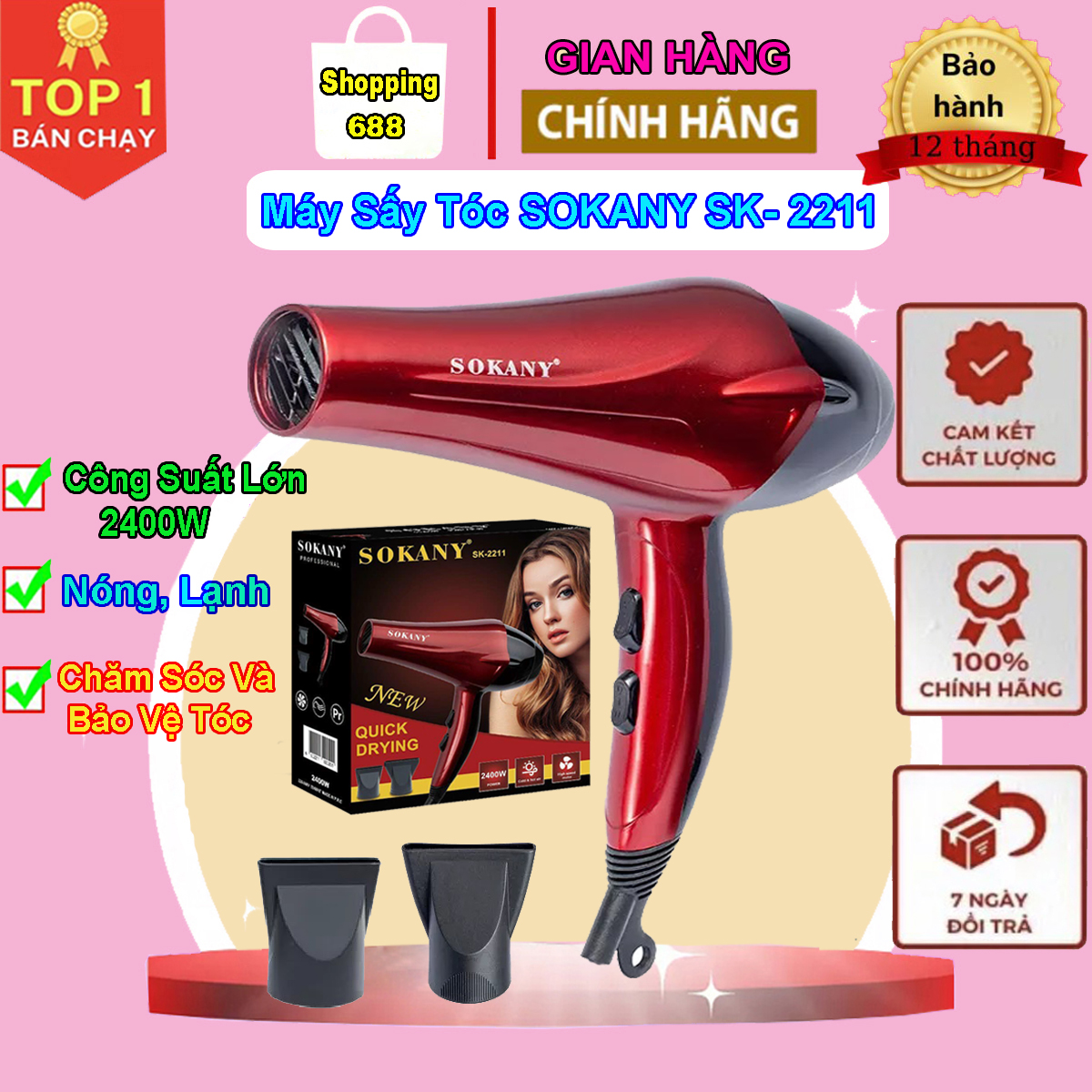 Máy sấy tóc cao cấp Sokany sk-2211, máy sấy tóc mini, công suất mạnh 24000W, tặng kèm 2 đầu sấy, máy tạo kiểu tóc chuẩn salo, máy sấy tóc 2 chiều nóng lạnh, máy sấy tóc treo tường, máy sấy tóc xiaomi, sấy tóc mini
