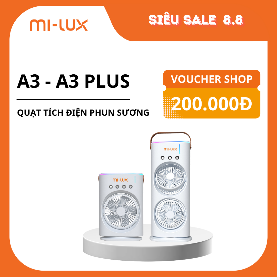 Quạt điều hoà, phun sương, tích điện 4000mah Mi-lux A3, Mi-Lux A3 plus, Động cơ mạnh 10W, pin 4000mah, Hàng chính hãng.