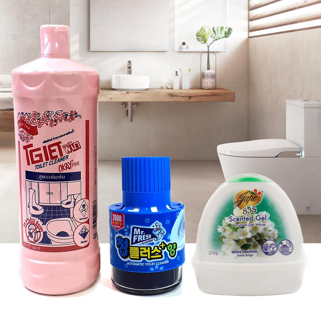 Combo Chai tẩy vệ sinh bồn cầu OKay Thái Lan + Cốc thả bồn cầu Mr. Fresh Hàn Quốc + Sáp thơm Jape Malaysia