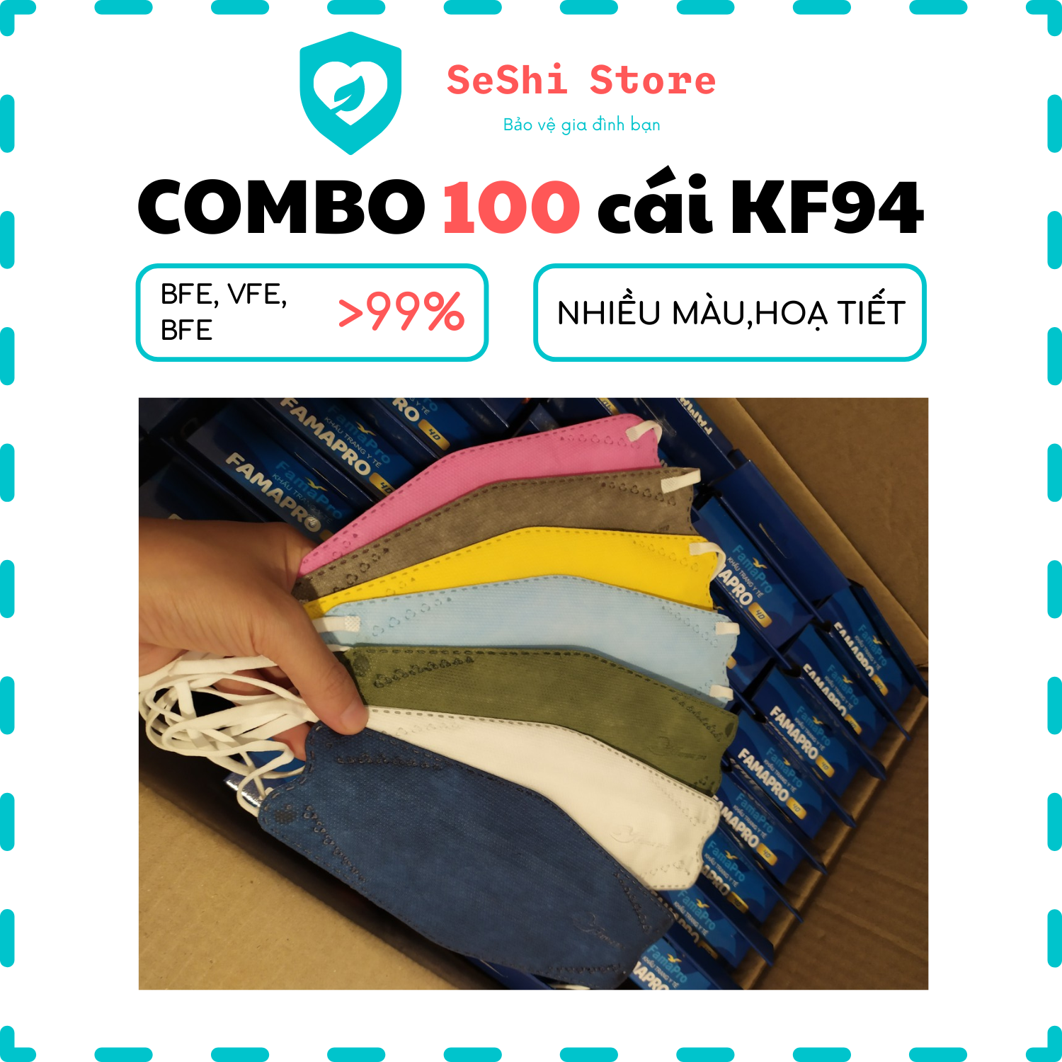 COMBO 100 cái Khẩu trang KF94 nhiều màu Famapro 4D 4 lớp lọc Seshi Store