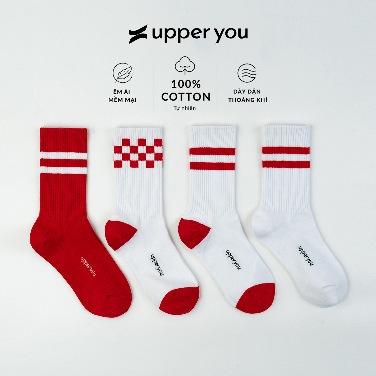 Tất Vớ Nam Nữ Gân Trơn Cổ Cao Đỏ Trắng UPPER YOU Cotton Tự Nhiên Kẻ Sọc Thời Trang Dày Dặn Êm Ái Extra Soft - BSF4002